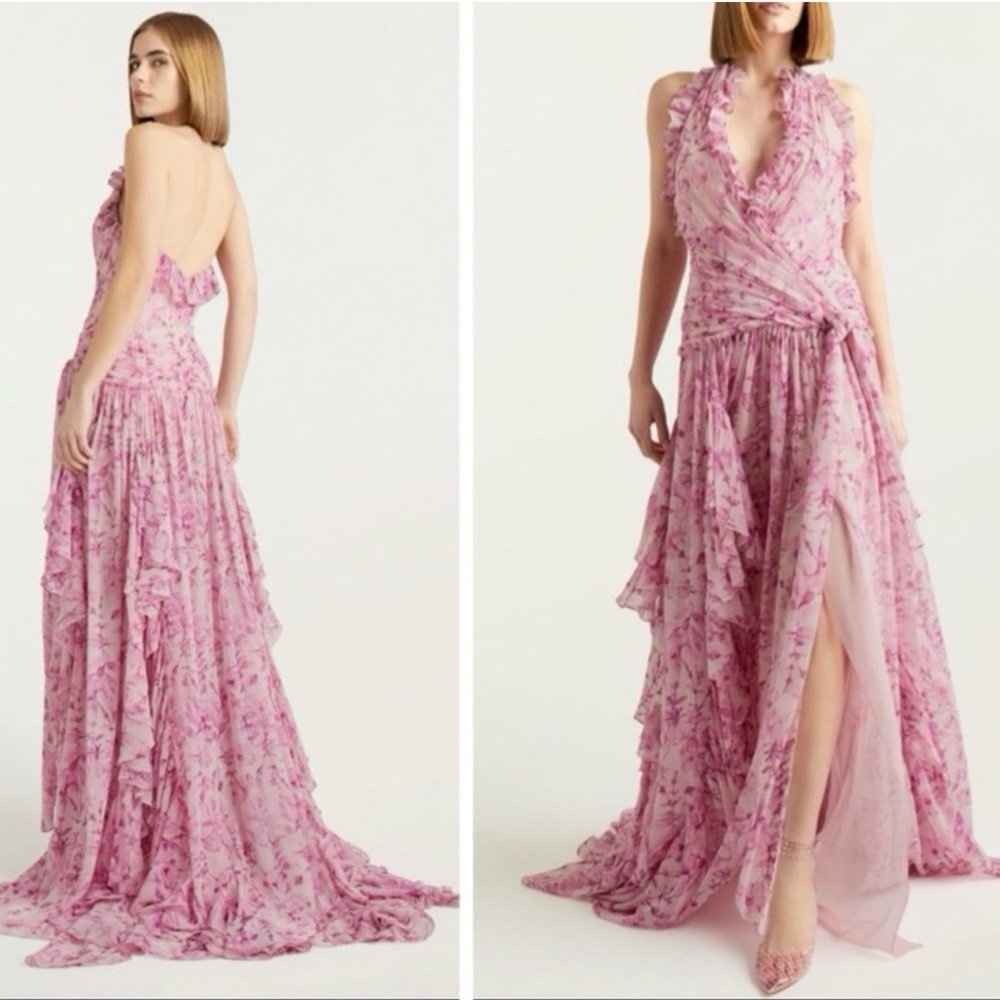 NWT Cinq a Sept Agatha Chiffon Ruffled Gown in Vibrant Plum Multi